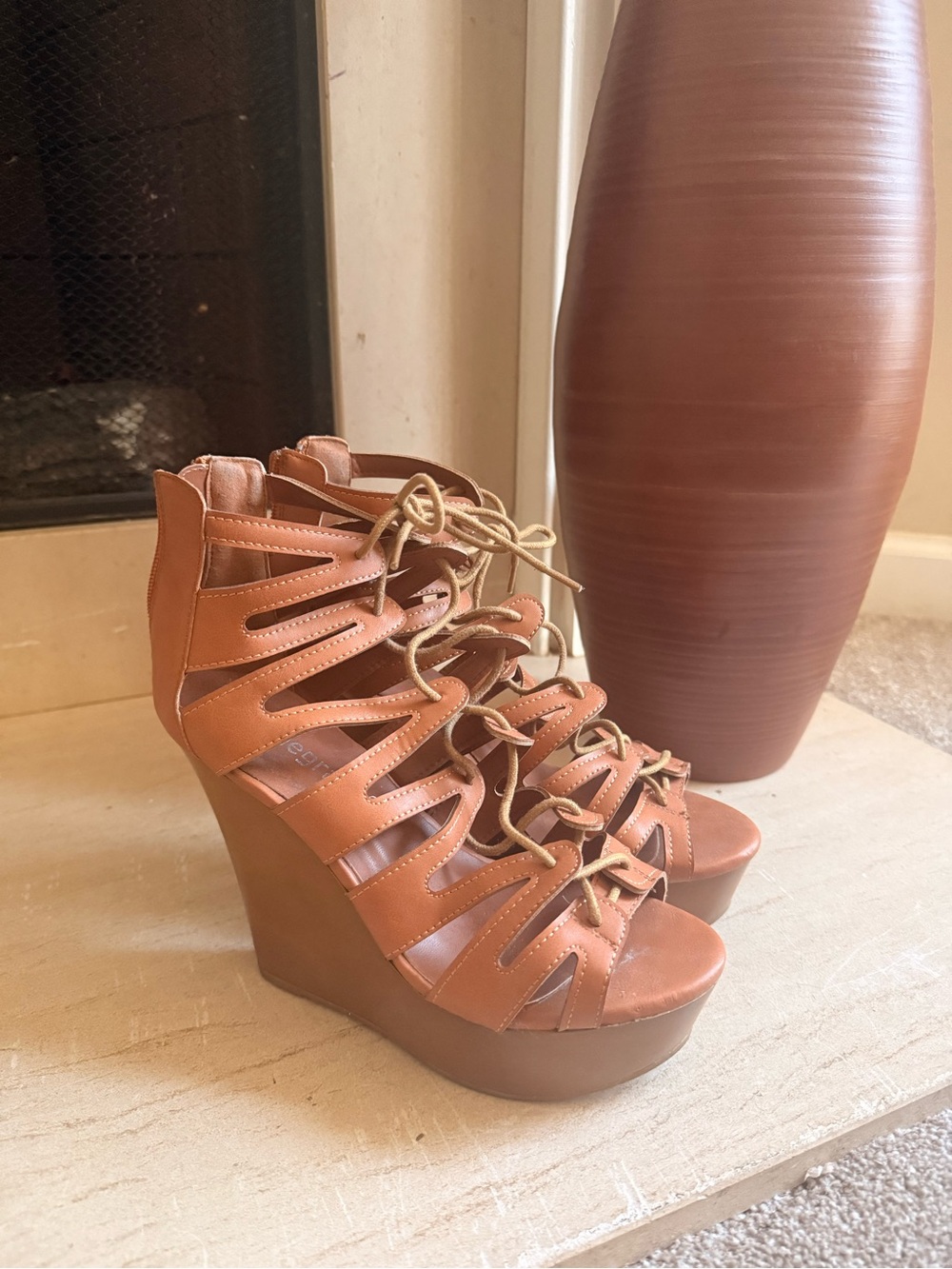 Allegra K Tan Lace-Up Strappy Wedge Sandals